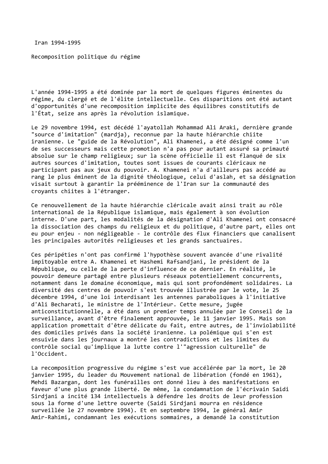 Prévisualisation du document Iran (1994-1995)

Recomposition politique du régime