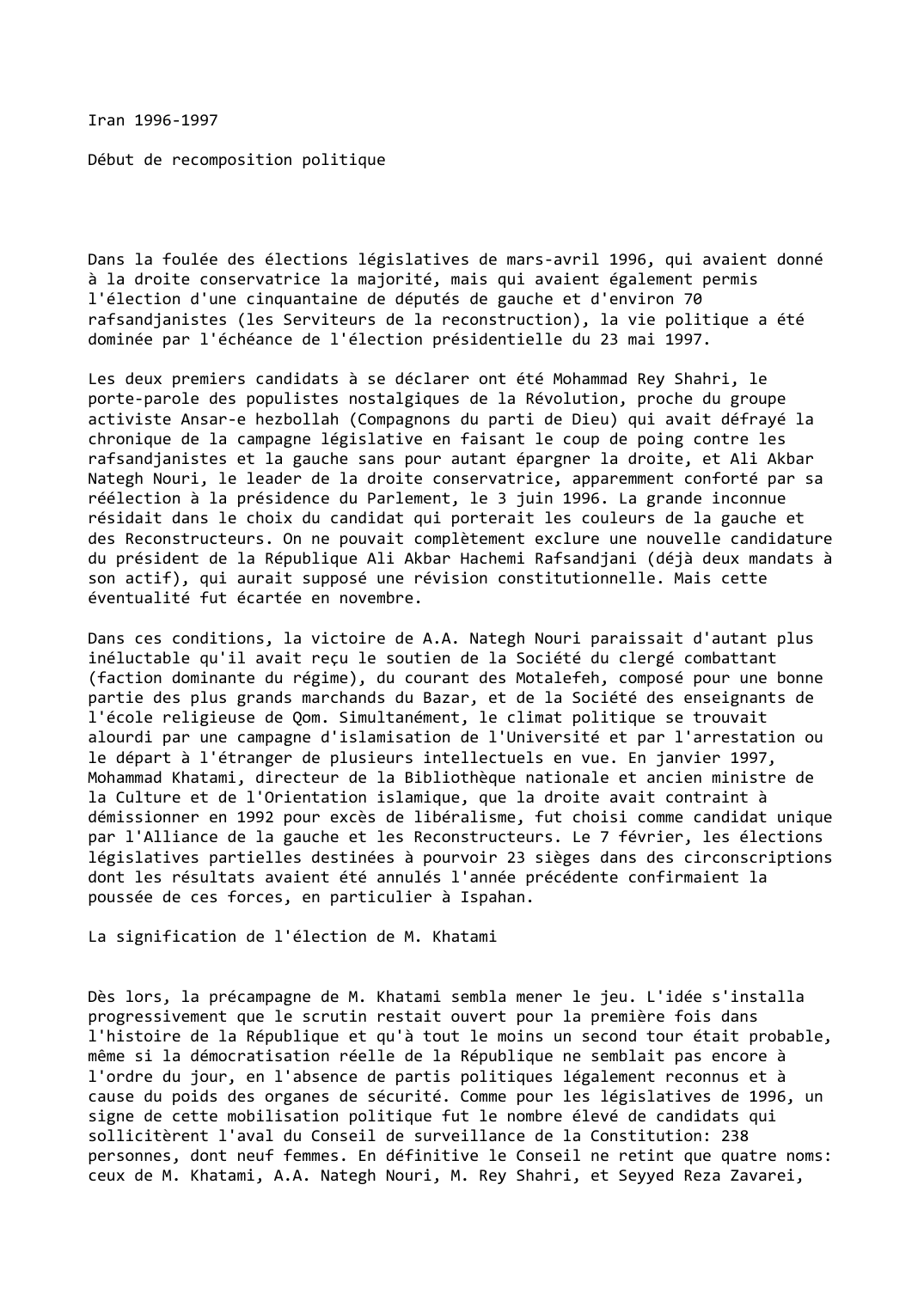 Prévisualisation du document Iran (1996-1997)

Début de recomposition politique