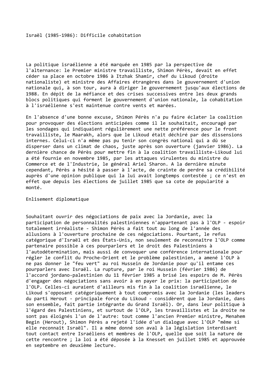 Prévisualisation du document Israël (1985-1986): Difficile cohabitation