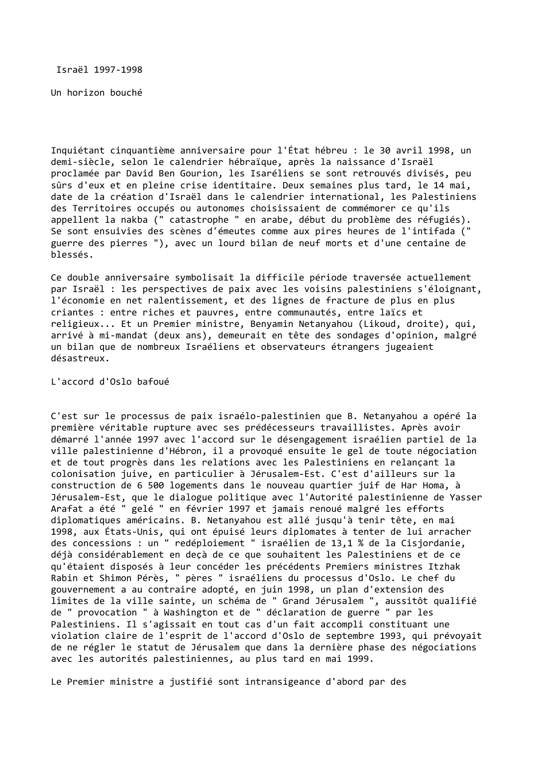 Prévisualisation du document Israël (1997-1998): Un horizon bouché