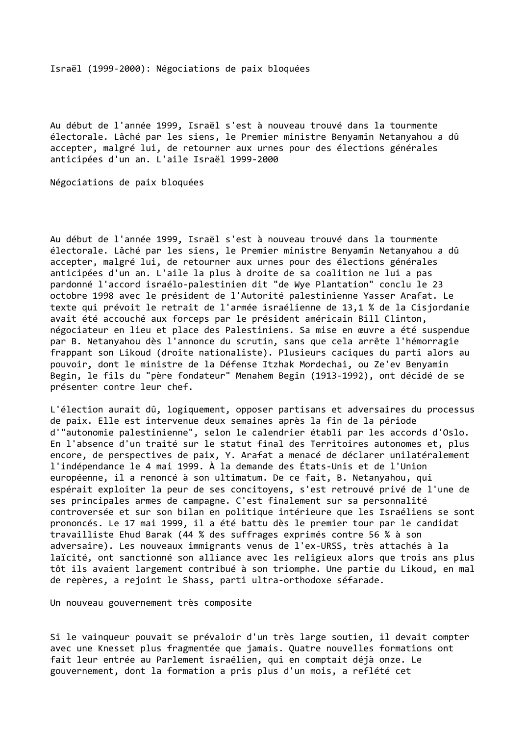 Prévisualisation du document Israël (1999-2000): Négociations de paix bloquées