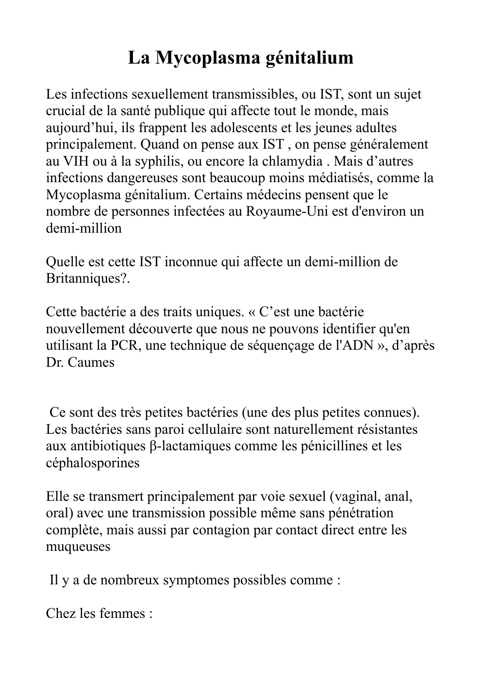 Prévisualisation du document IST: La Mycoplasma génitalium