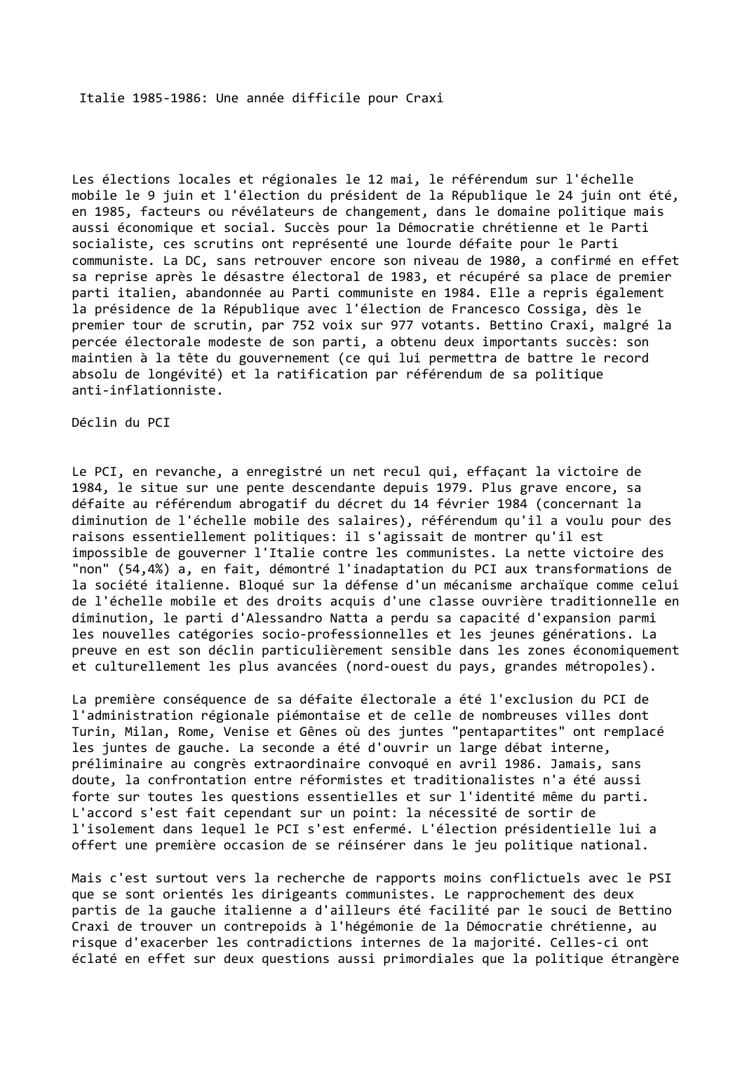 Prévisualisation du document Italie (1985-1986): Une année difficile pour Craxi