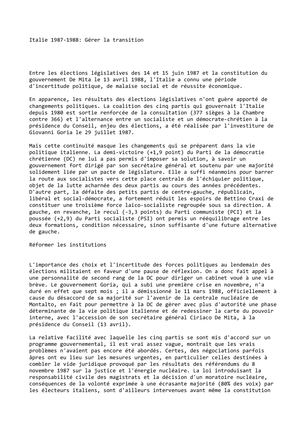 Prévisualisation du document Italie (1987-1988): Gérer la transition