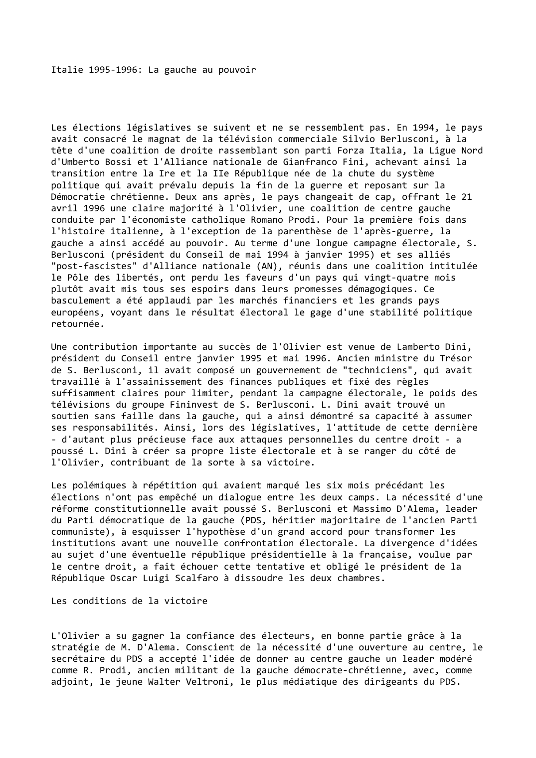 Prévisualisation du document Italie (1995-1996): La gauche au pouvoir