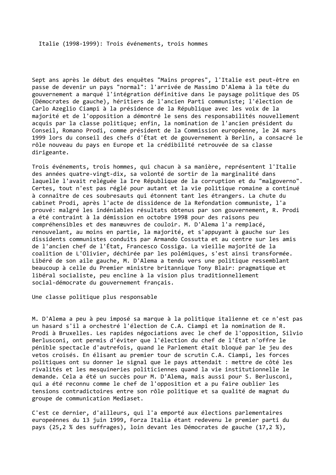 Prévisualisation du document Italie (1998-1999): Trois événements, trois hommes