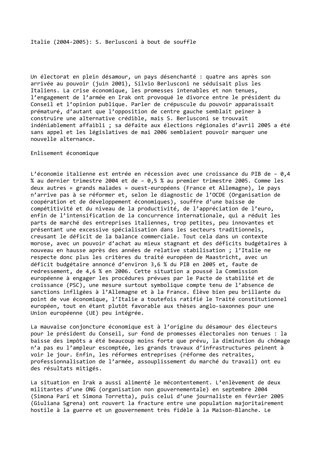 Prévisualisation du document Italie (2004-2005): S. Berlusconi à bout de souffle