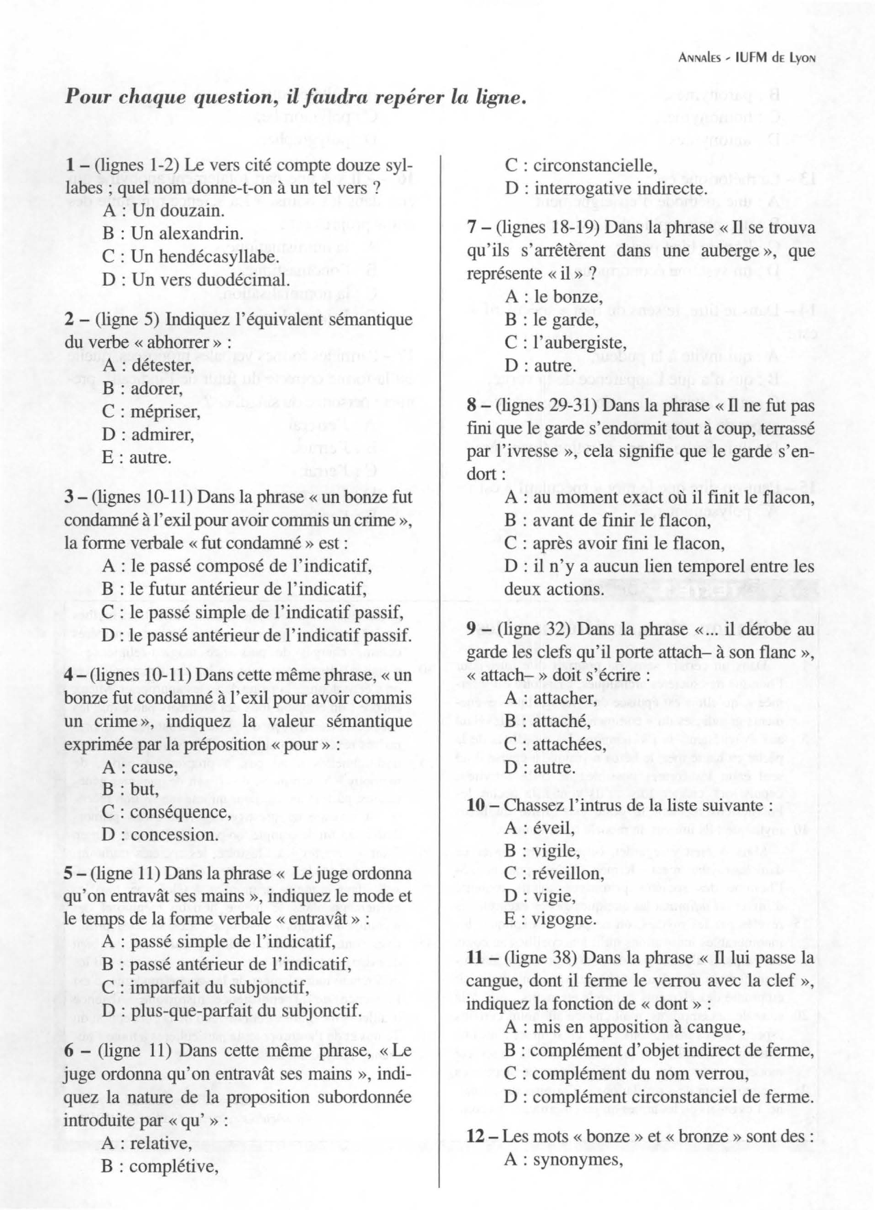 Prévisualisation du document IUFM dE LYON:  Français - Mathématiques Connaissances générales - Annales corrigées