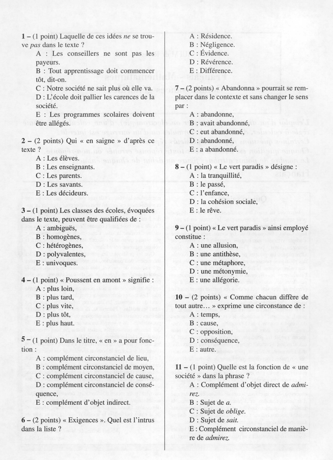 Prévisualisation du document IUFM de Reims Français - Mathématiques Connaissances générales - Annales corrigées