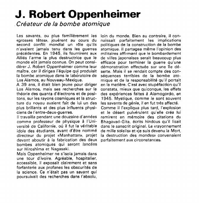 Prévisualisation du document J. Robert Oppenheimer (seconde guerre mondiale).Créateur de la bombe atomiqueLes