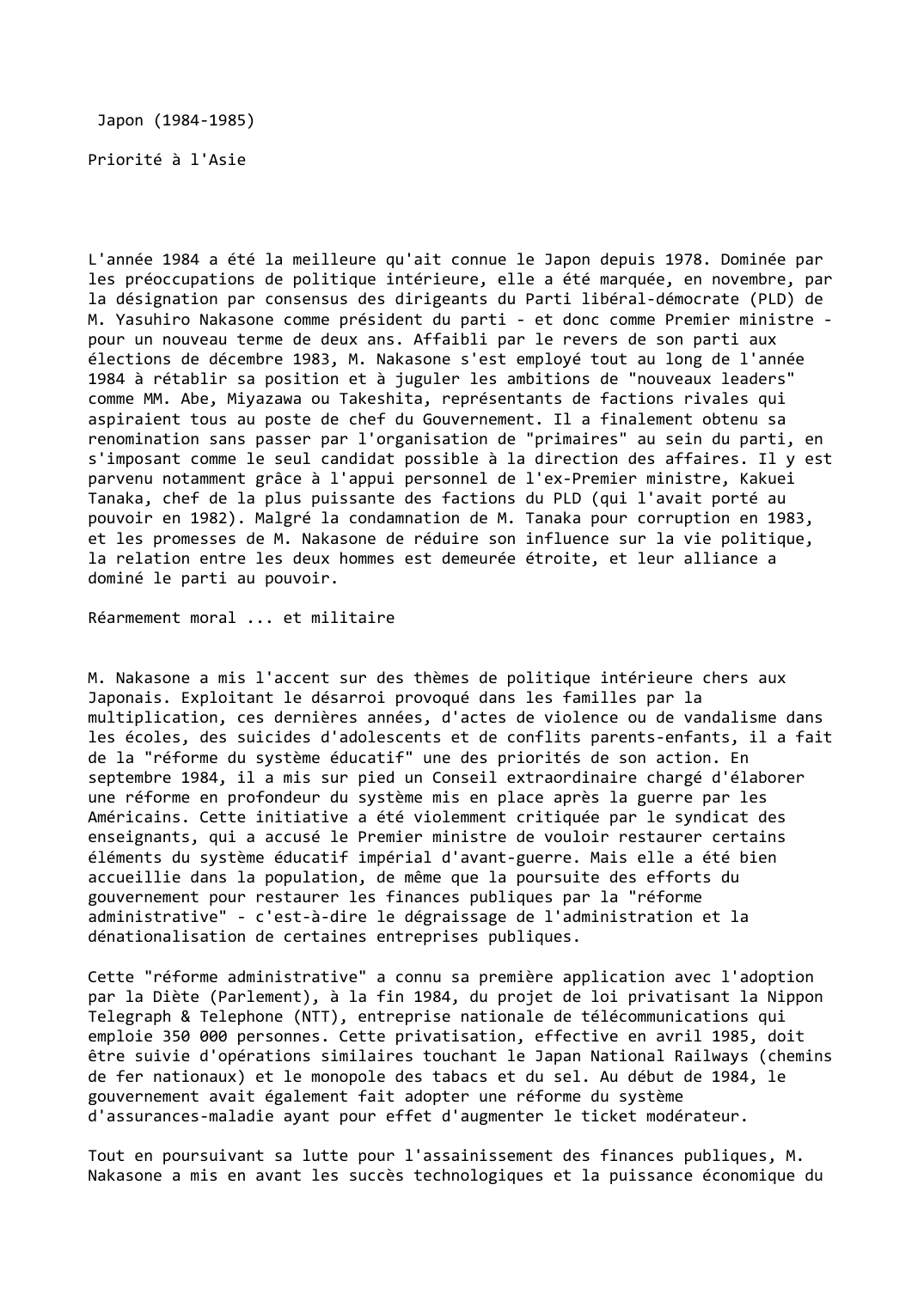Prévisualisation du document Japon (1984-1985): Priorité à l'Asie