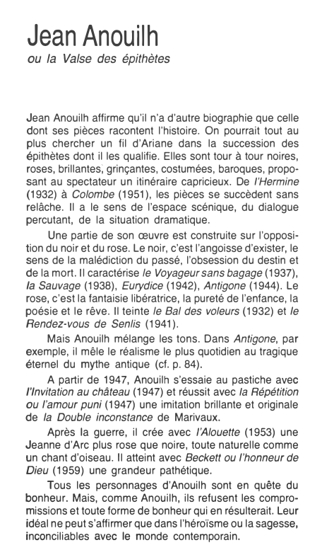 Prévisualisation du document Jean Anouilh

ou la Valse des épithètes

Jean Anouilh affirme qu'il n'a d'autre biographie que celle
dont ses pièces racontent...