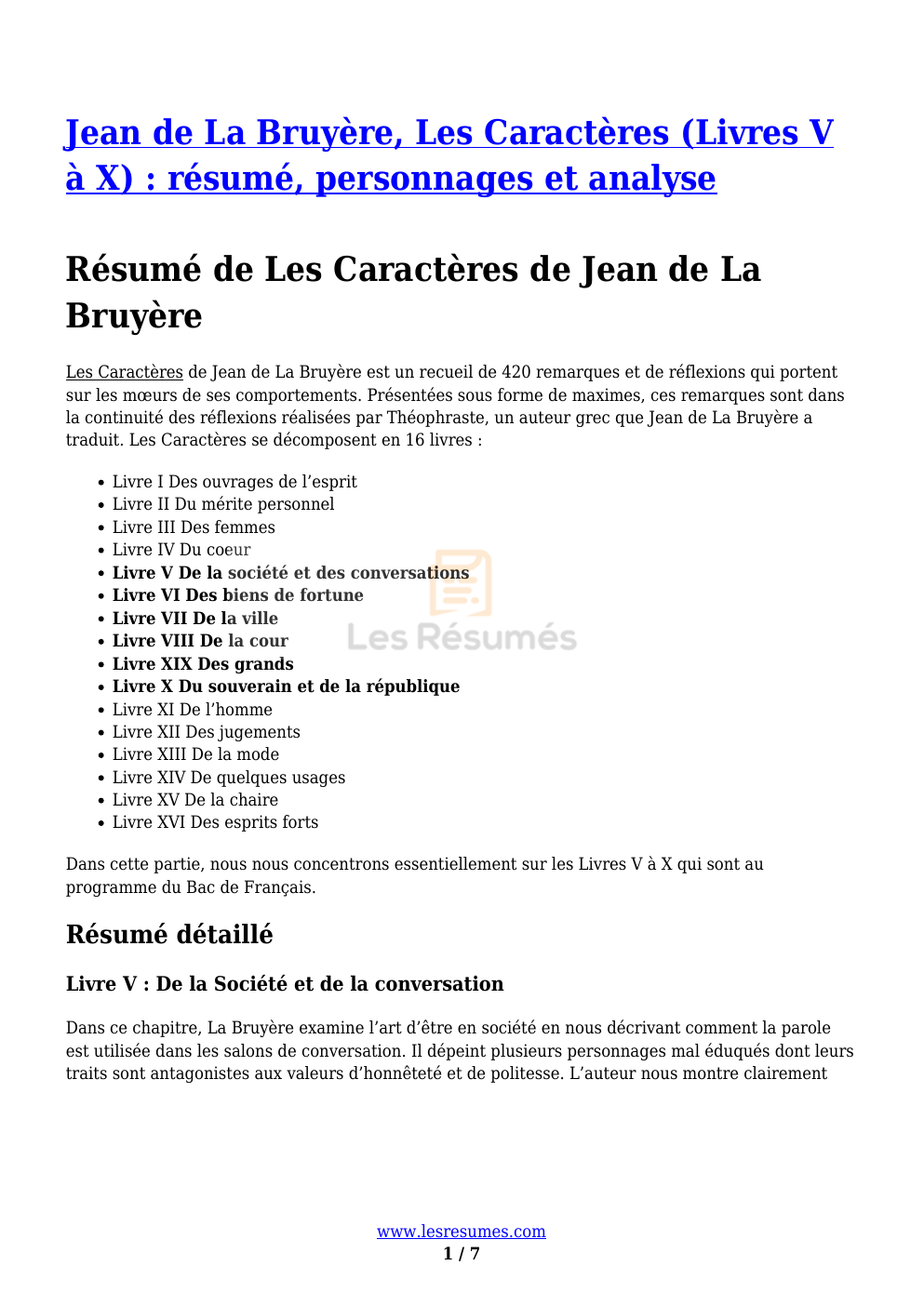 Prévisualisation du document Jean de La Bruyère, Les Caractères (Livres V à X) : résumé, personnages et analyse