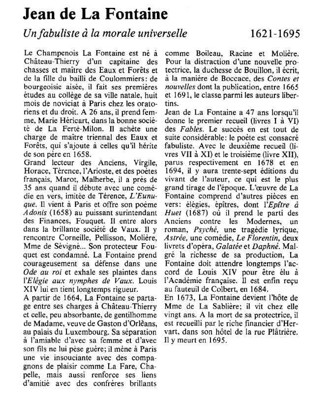 Prévisualisation du document Jean de La Fontaine:Un fabuliste à la morale universelle.