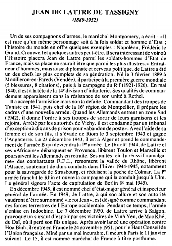 Prévisualisation du document JEAN DE LATTRE DE TASSIGNY(1889-1952) - BIOGRAPHIE