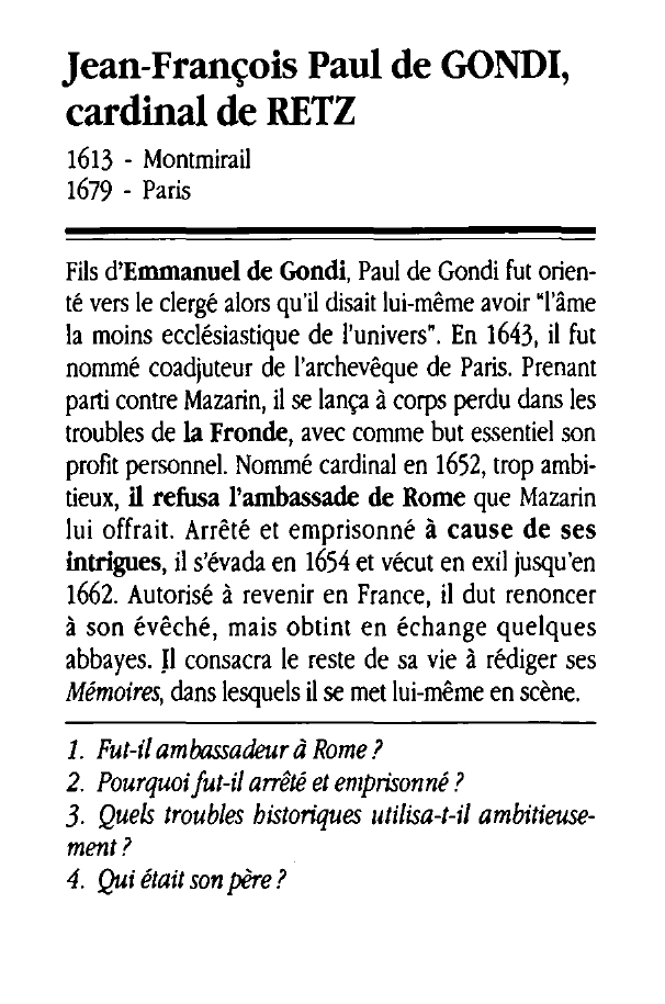 Prévisualisation du document Jean-François Paul de GONDI, cardinal de RETZ