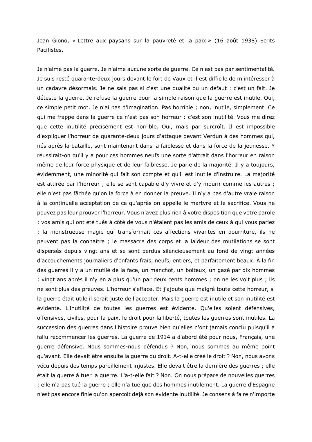 Prévisualisation du document Jean Giono, « Lettre aux paysans sur la pauvreté et la paix » (16 août 1938) Ecrits Pacifistes.