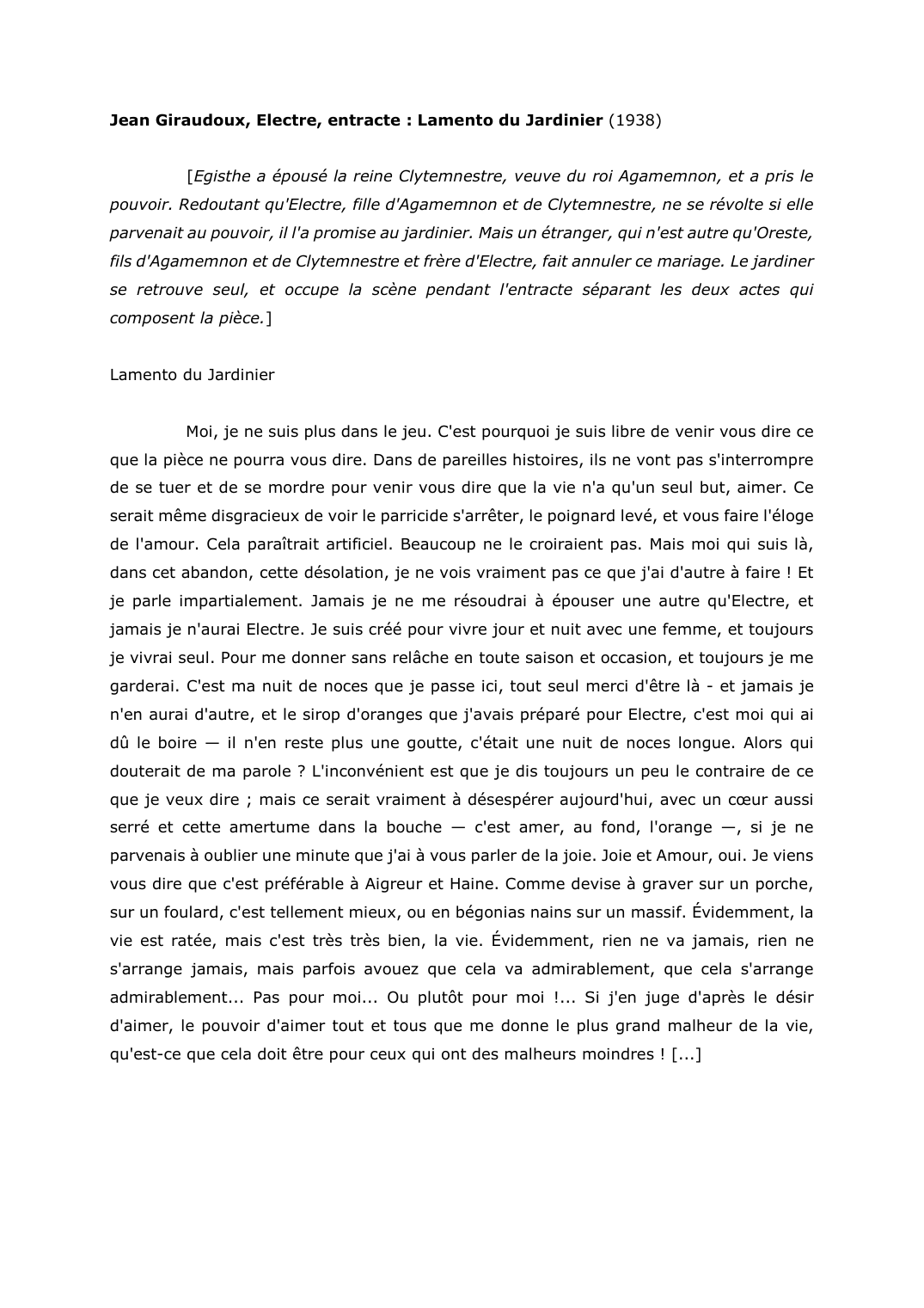 Prévisualisation du document Jean Giraudoux, Electre, entracte : Lamento du Jardinier (1938). Commentaire