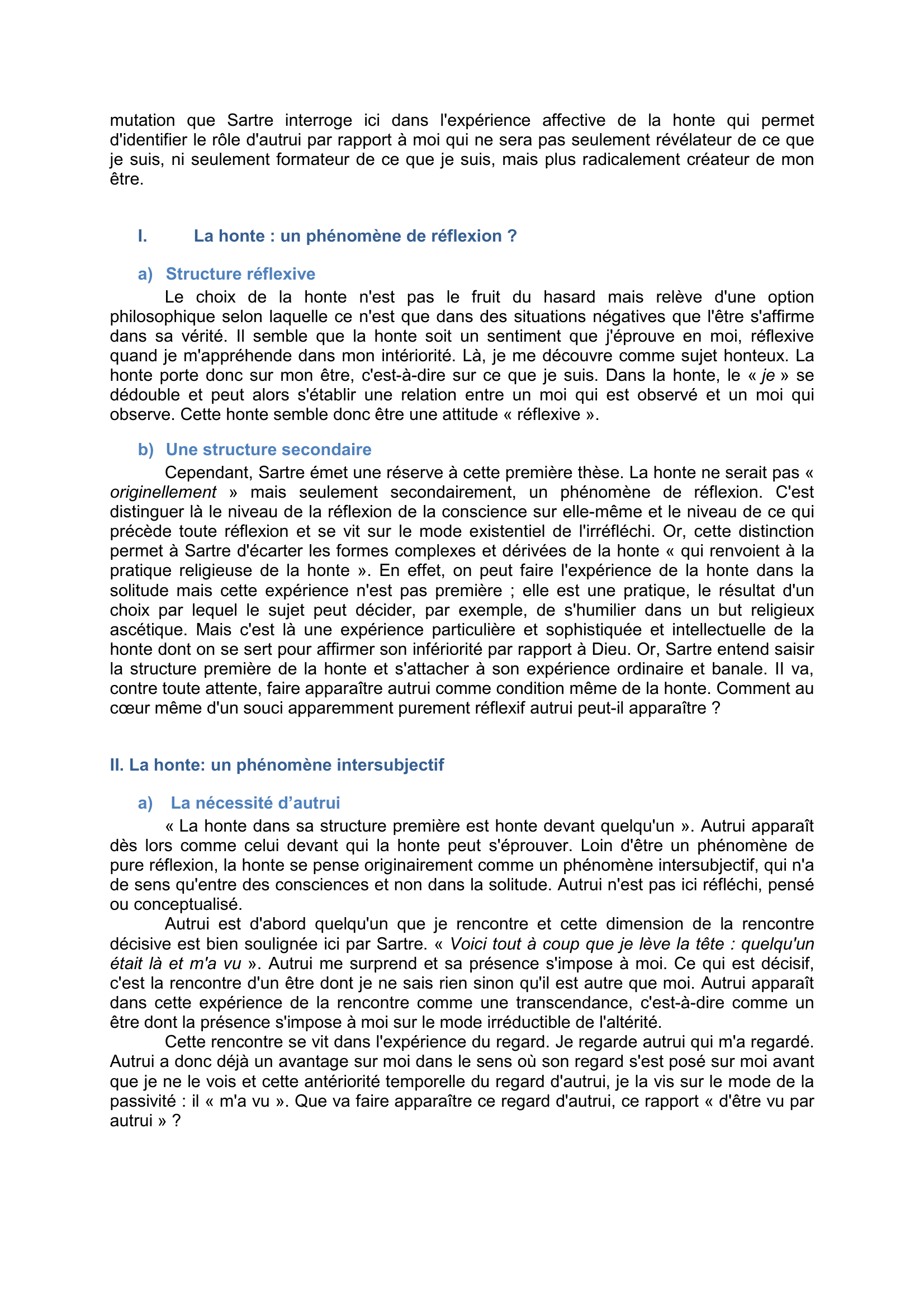 Prévisualisation du document Jean-Paul Sartre, L'Être et le Néant, 3e partie, I, 1. « J'ai honte de ce que je suis »