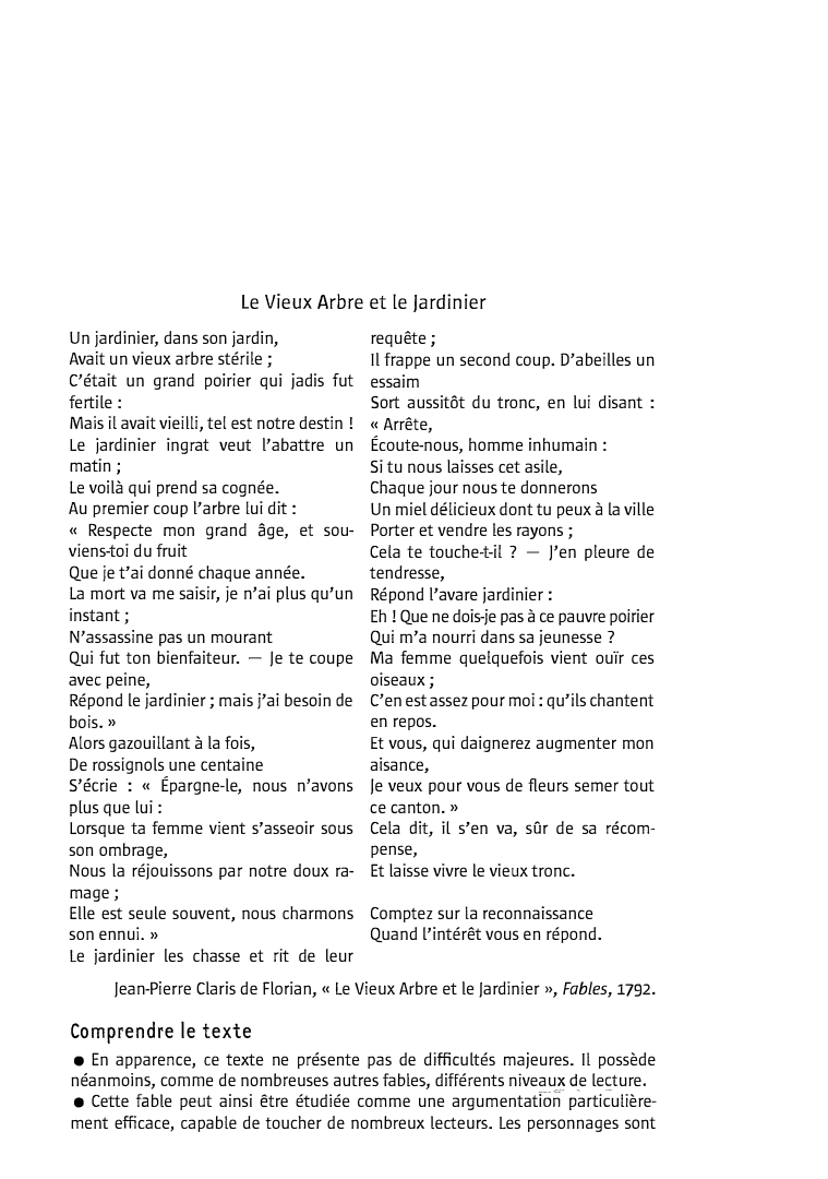 Prévisualisation du document Jean-Pierre Claris de Florian, « Le Vieux Arbre et le jardinier », Fables