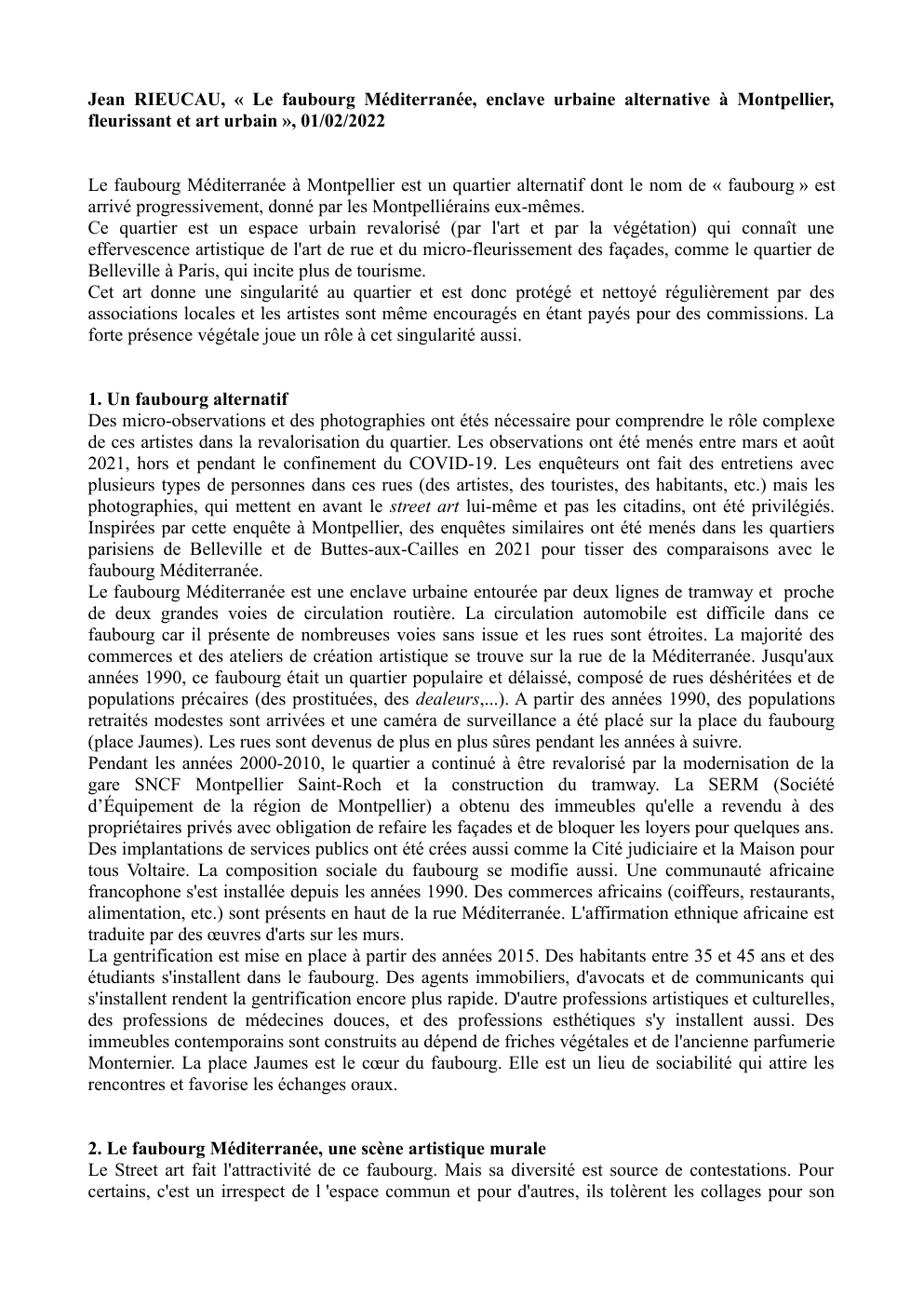 Prévisualisation du document Jean RIEUCAU, « Le faubourg Méditerranée, enclave urbaine alternative à Montpellier, fleurissant et art urbain », 01/02/2022