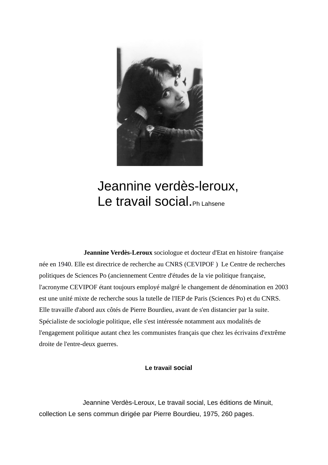Prévisualisation du document Jeannine Verdès-Leroux, Le travail social, Les éditions de Minuit