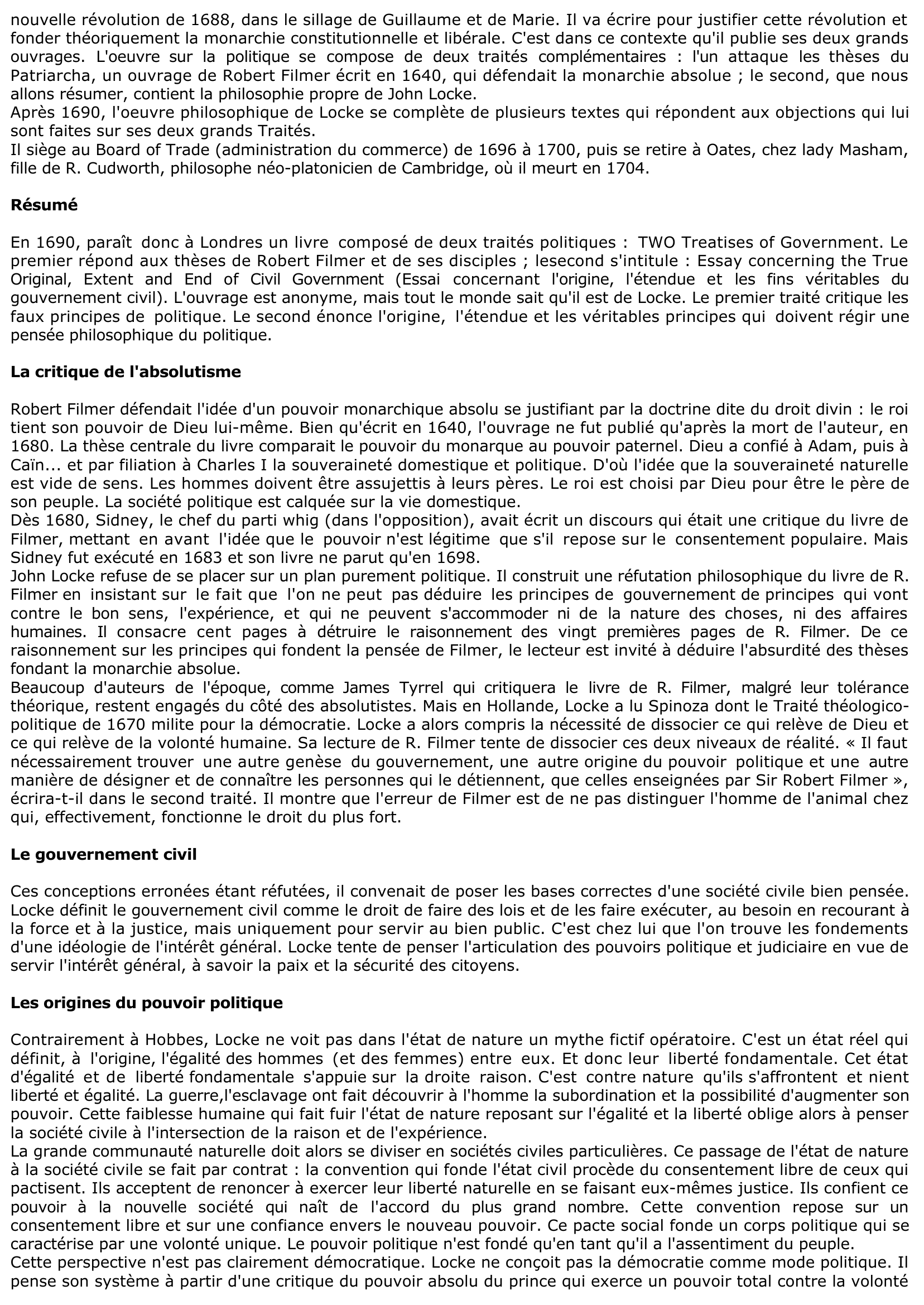 Prévisualisation du document 	JOHN LOCKE : TRAITE DU GOUVERNEMENT CIVIL (Résumé & Analyse)
