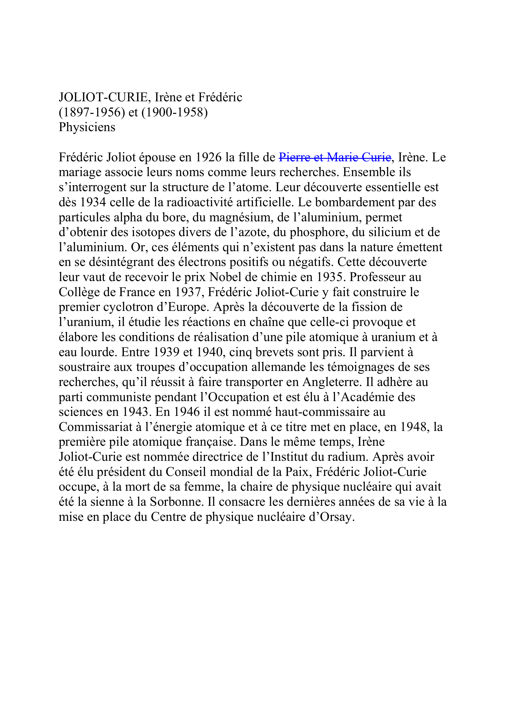 Prévisualisation du document Joliot-Curie Irène et Frédéric Physiciens français