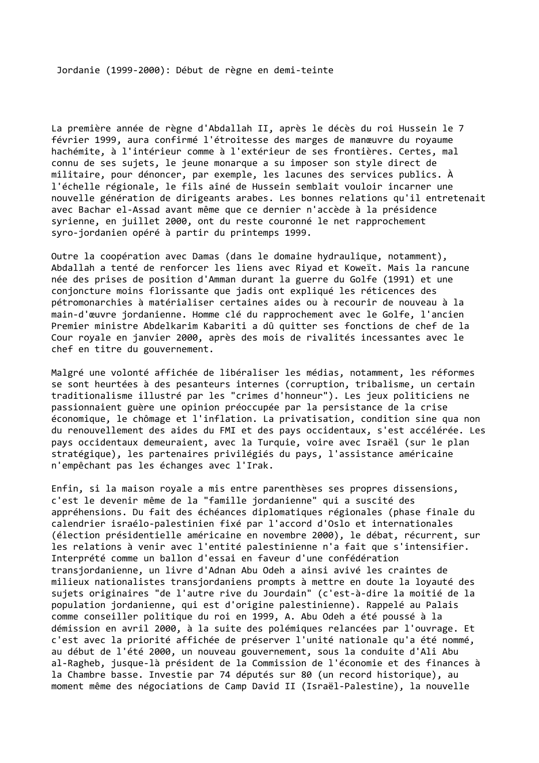 Prévisualisation du document Jordanie (1999-2000): Début de règne en demi-teinte