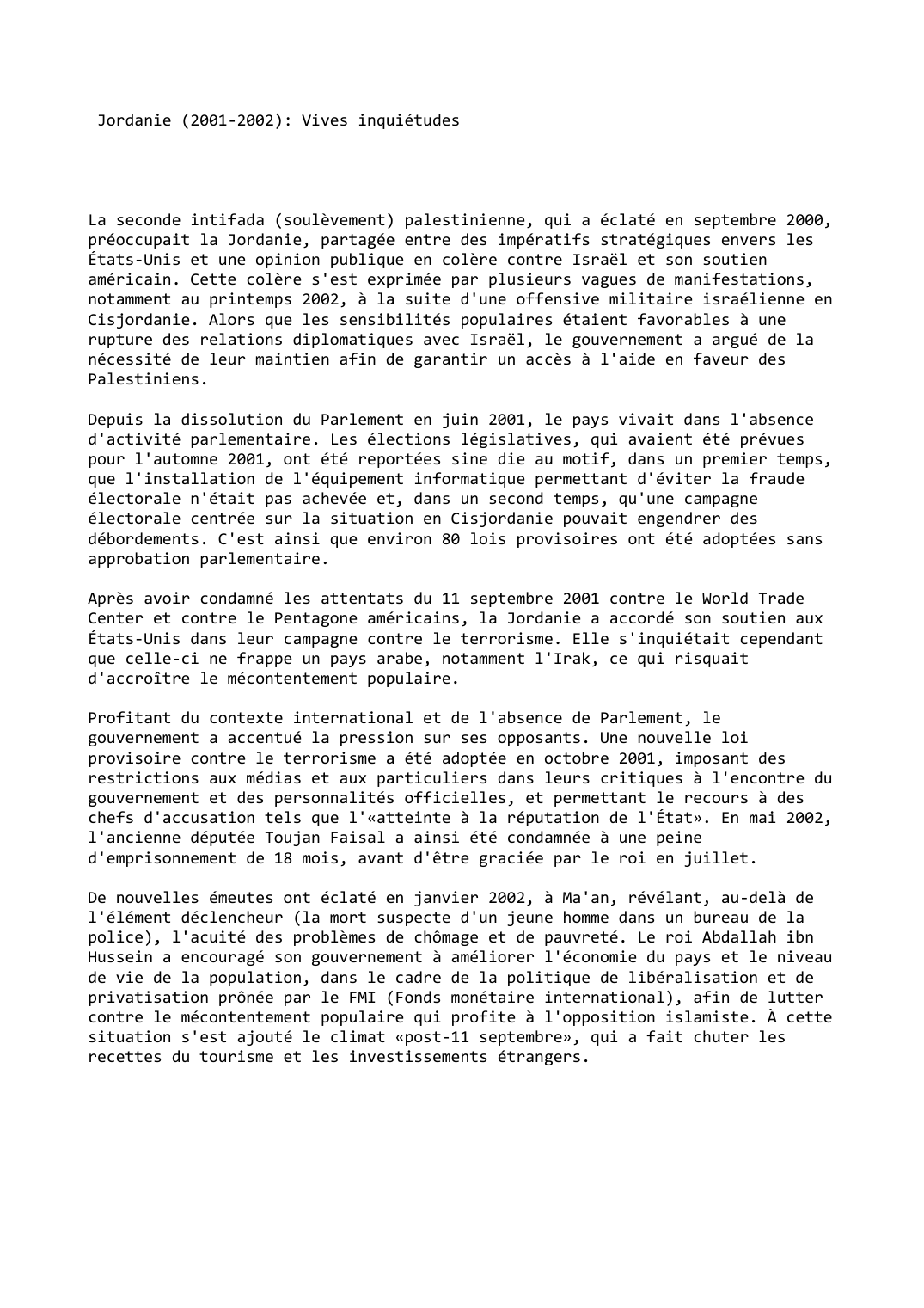 Prévisualisation du document Jordanie (2001-2002): Vives inquiétudes
