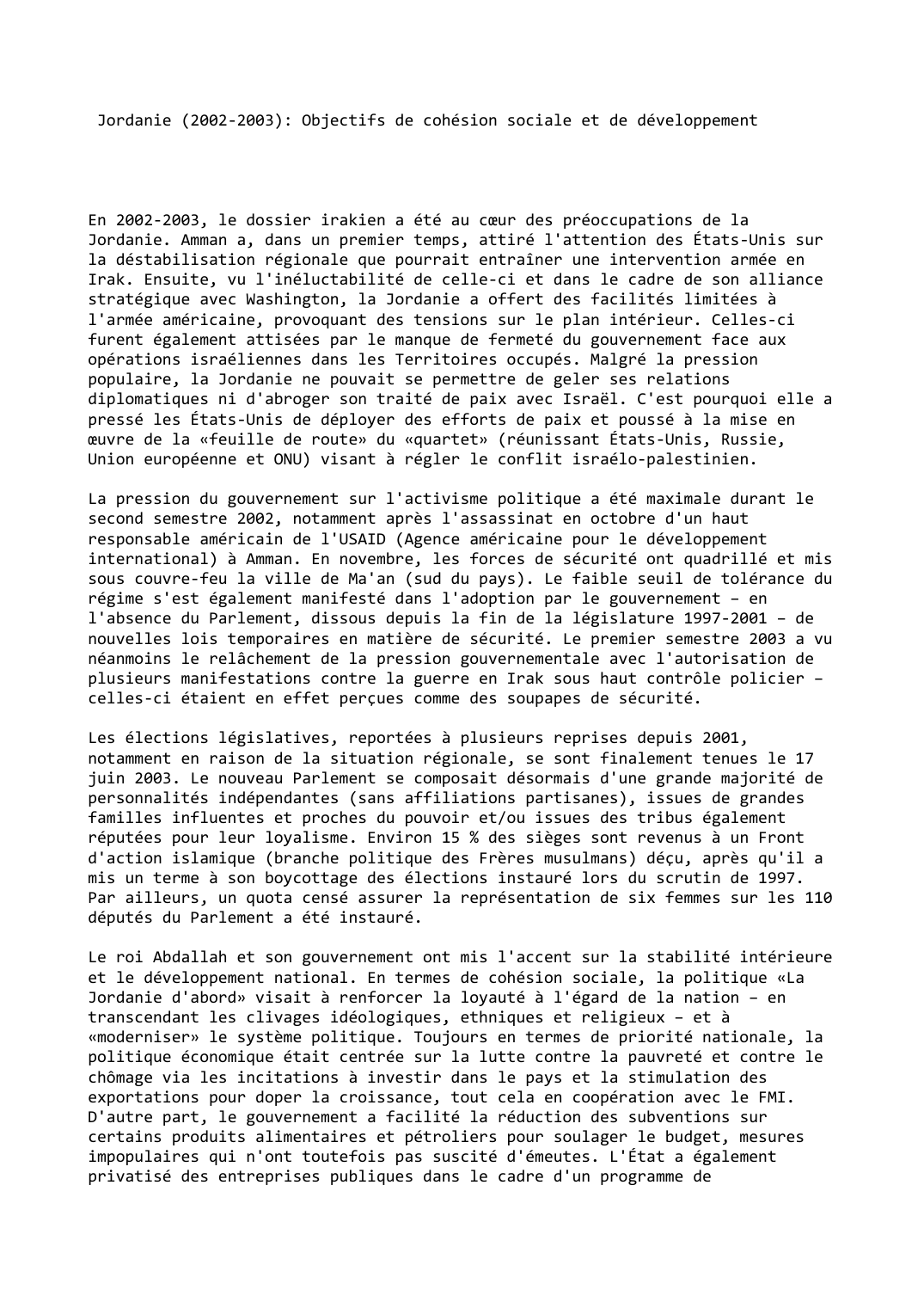 Prévisualisation du document Jordanie (2002-2003): Objectifs de cohésion sociale et de développement