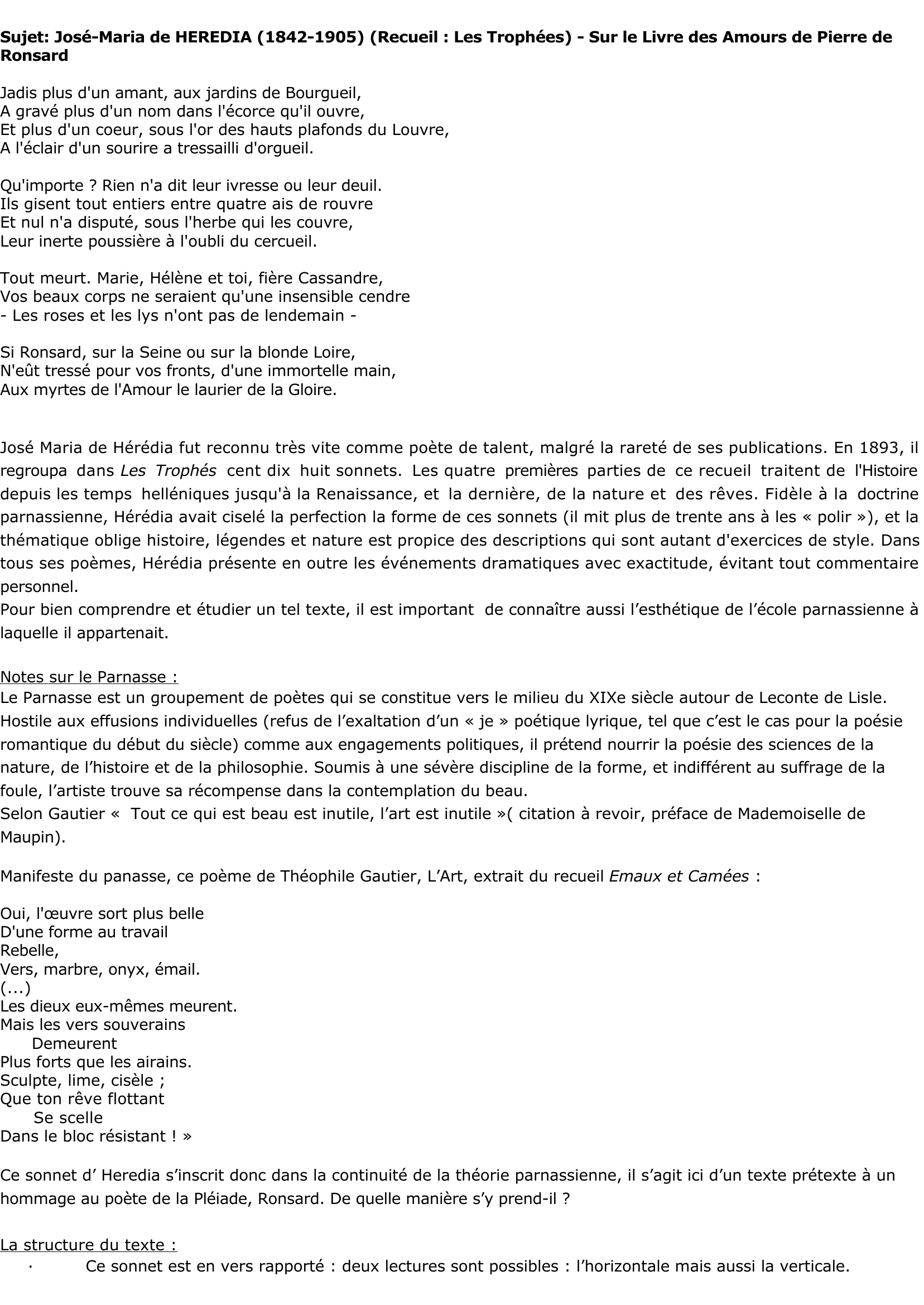 Prévisualisation du document José-Maria de HEREDIA (1842-1905) (Recueil : Les Trophées) - Sur le Livre des Amours de Pierre de Ronsard