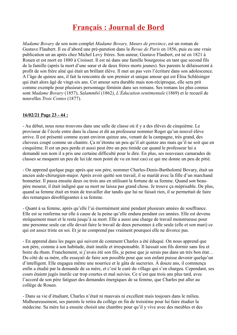 Prévisualisation du document Journal de bord: Madame Bovary, Mœurs de province