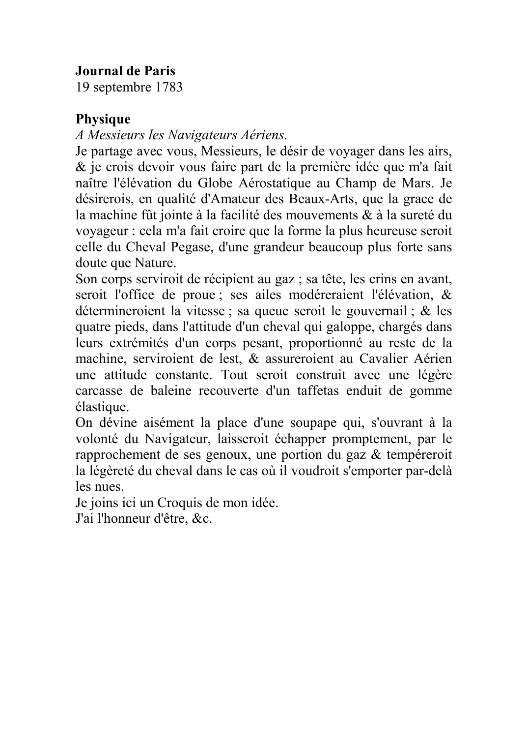 Prévisualisation du document Journal de Paris19 septembre 1783PhysiqueA Messieurs les Navigateurs Aériens.