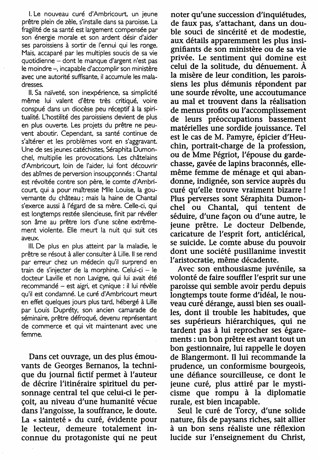 Prévisualisation du document Journal d'un curé de campagne.    Roman de Georges Bernanos (résumé de l'oeuvre & analyse détaillée)