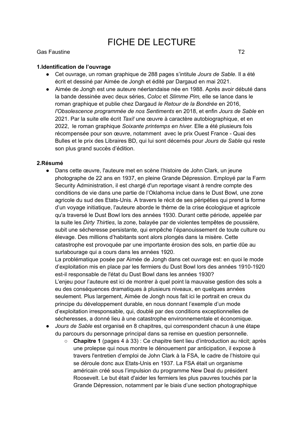 Prévisualisation du document Jours de Sable - FICHE DE LECTURE