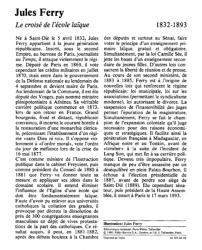 Prévisualisation du document Jules FerryLe croisé de l'école laïque.