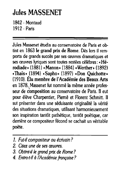 Prévisualisation du document Jules MASSENEf1842 - Montaud1912 - ParisJules Massenet étudia au conservatoire de Paris et obtint en 1863 le grand prix de Rome.