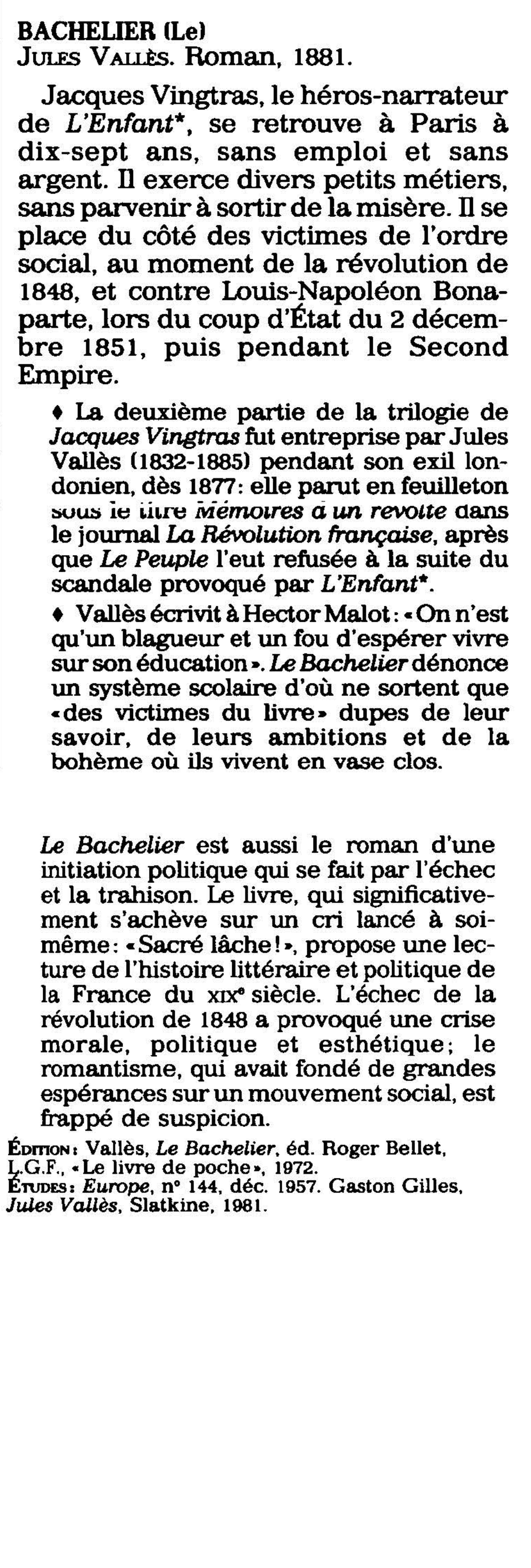 Prévisualisation du document Jules VALLES: Le Bachelier (Résumé & Analyse)