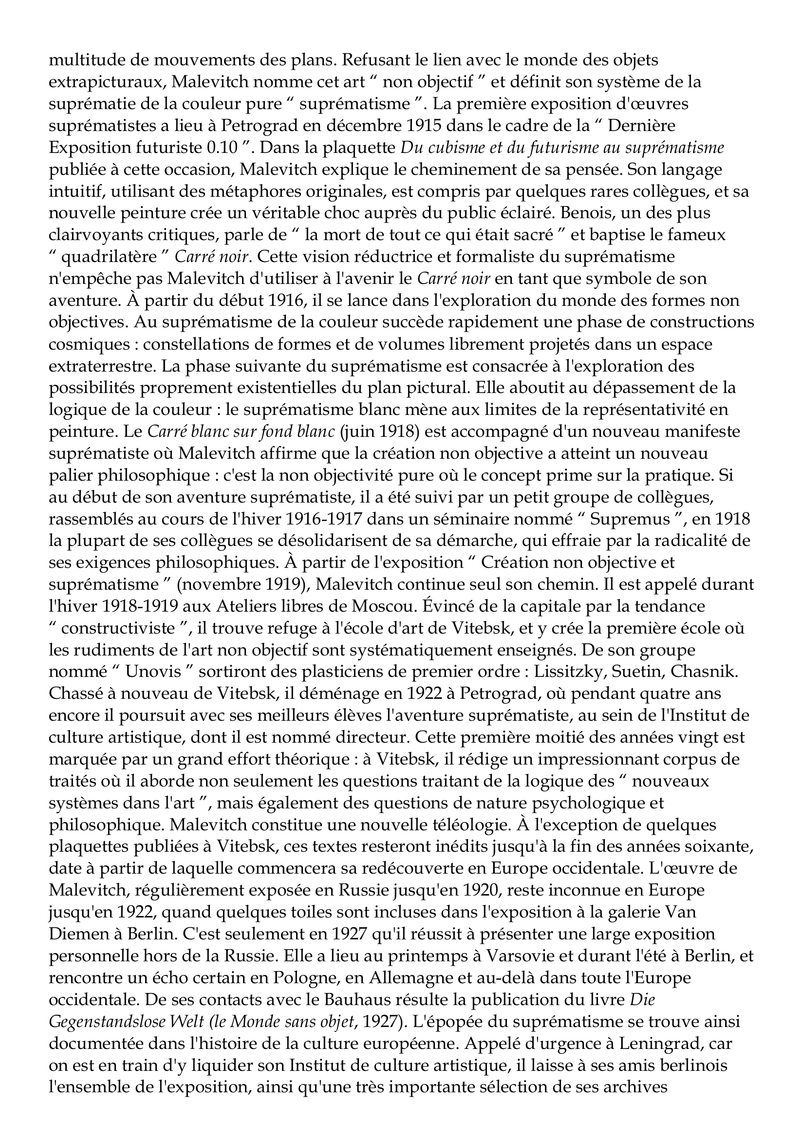 Prévisualisation du document Kasimir Malevitch
1878-1935
Peintre et théoricien russe né à Kiev et mort à Leningrad.