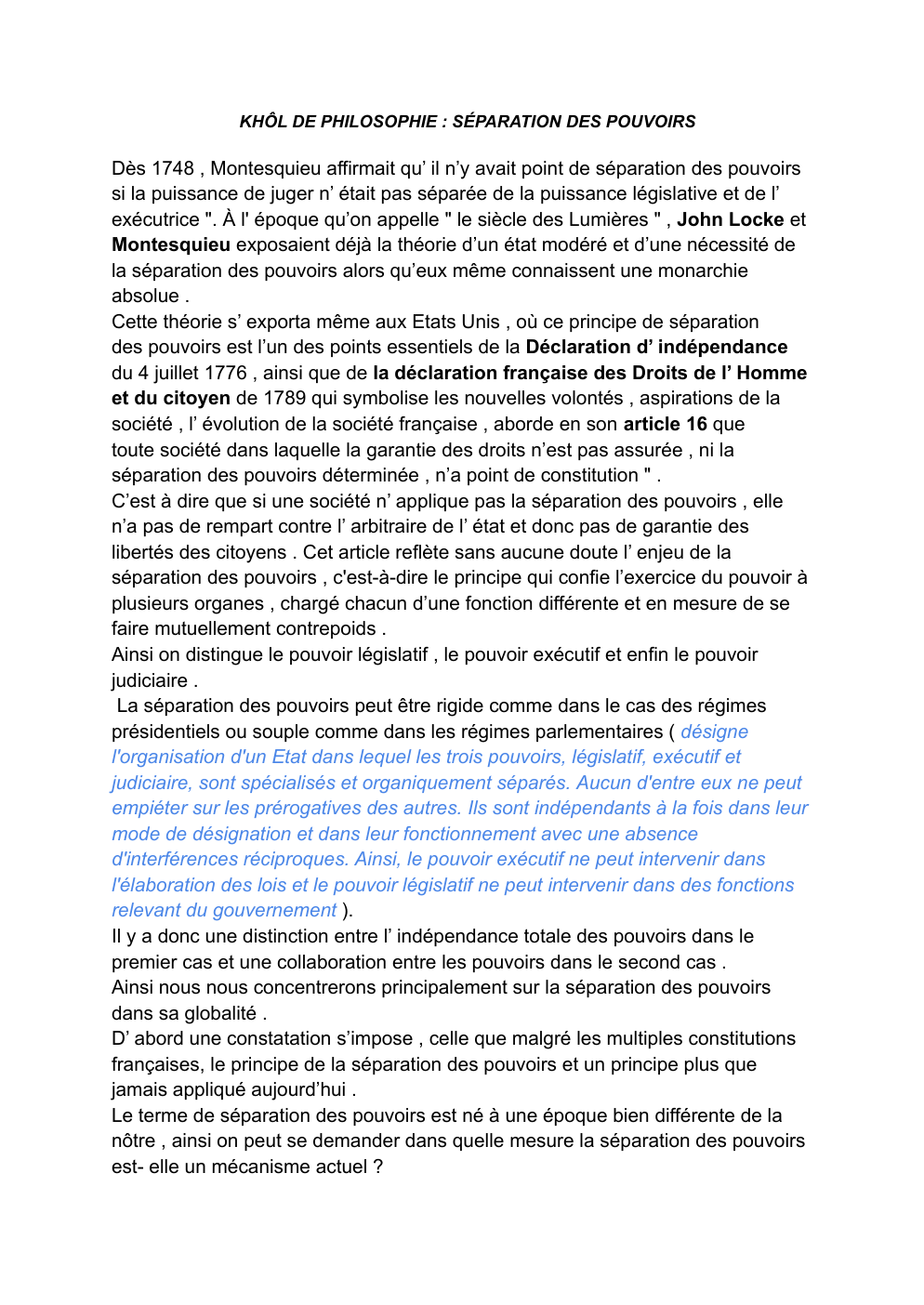 Prévisualisation du document KHÔL DE PHILOSOPHIE : SÉPARATION DES POUVOIRS