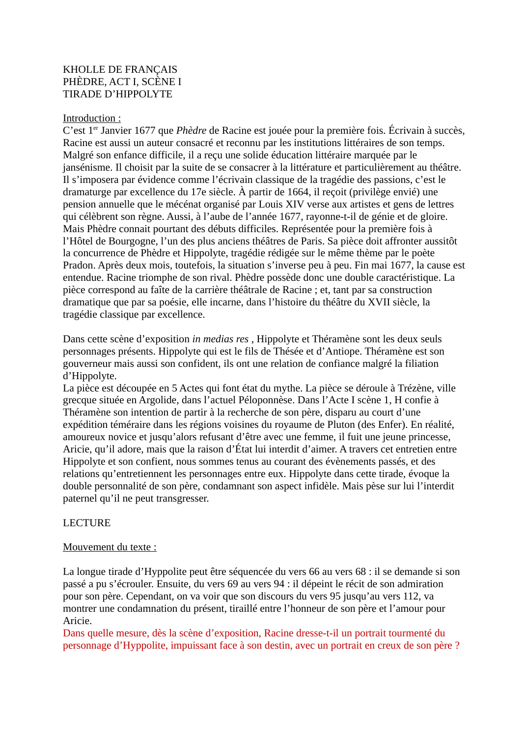 Prévisualisation du document KHOLLE DE FRANÇAIS PHÈDRE, ACT I, SCÈNE I TIRADE D’HIPPOLYTE