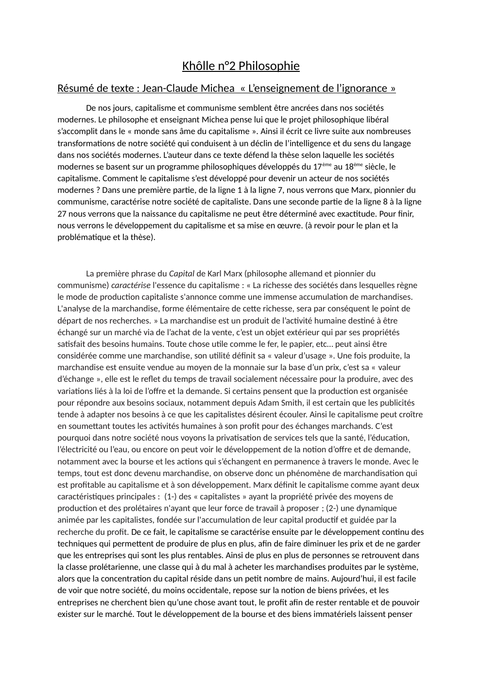Prévisualisation du document Khôlle n°2 Philosophie Résumé de texte : Jean-Claude Michea « L’enseignement de l’ignorance »
