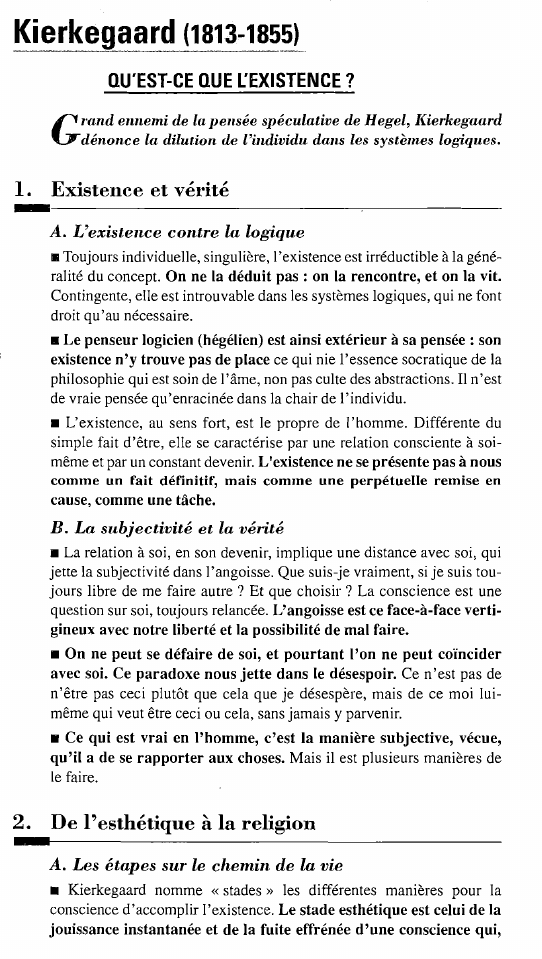 Prévisualisation du document Kierkegaard (1813-1855)
QU'EST-CE QUE rEx1sTENCE?
rand ennemi de la pensée spéculative de Hegel, IGerkegaard
dénonce la dilution de l'individu dans...