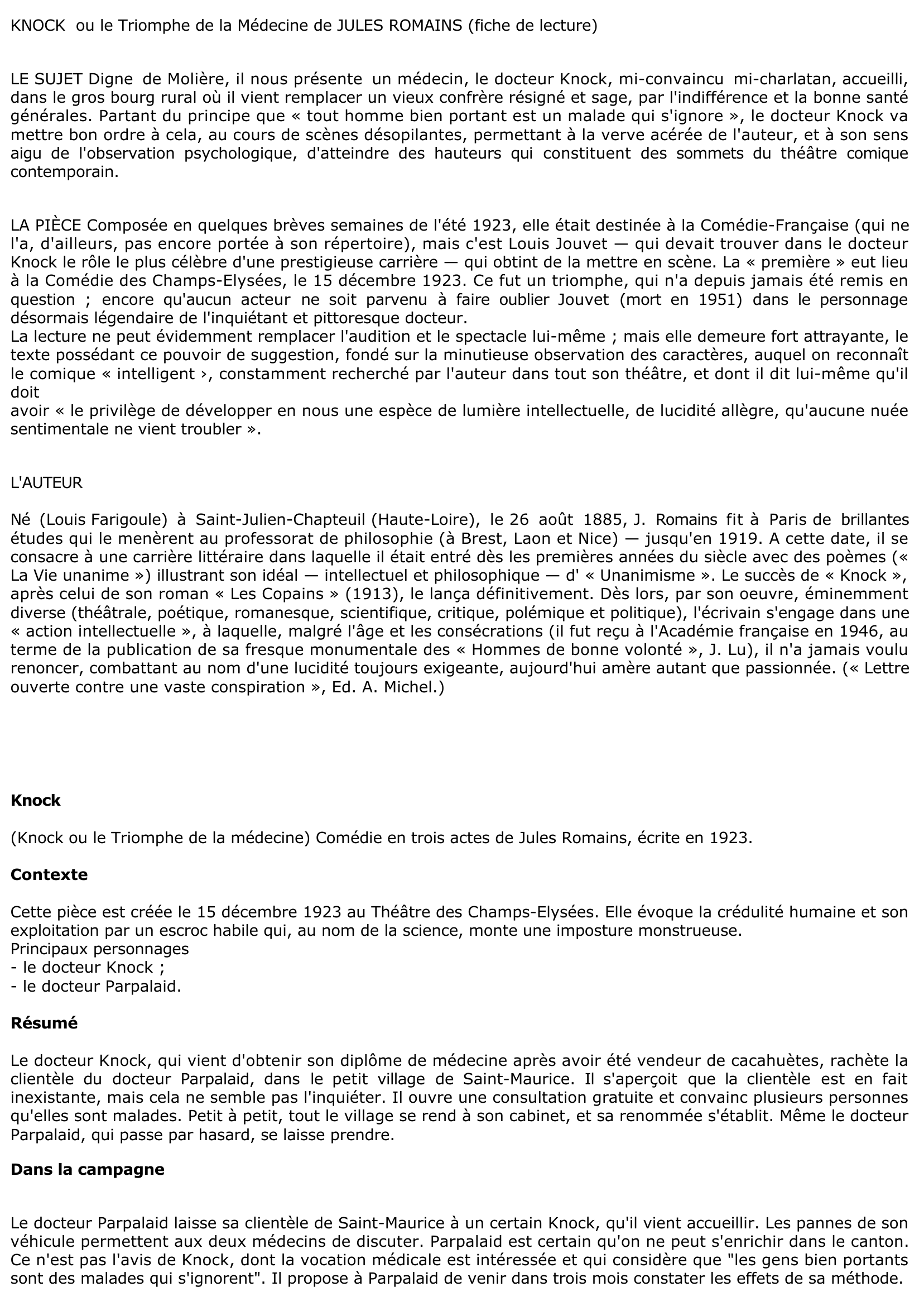 Prévisualisation du document KNOCK OU LE TRIOMPHE DE LA MÉDECINE de Jules Romains (résumé & analyse)