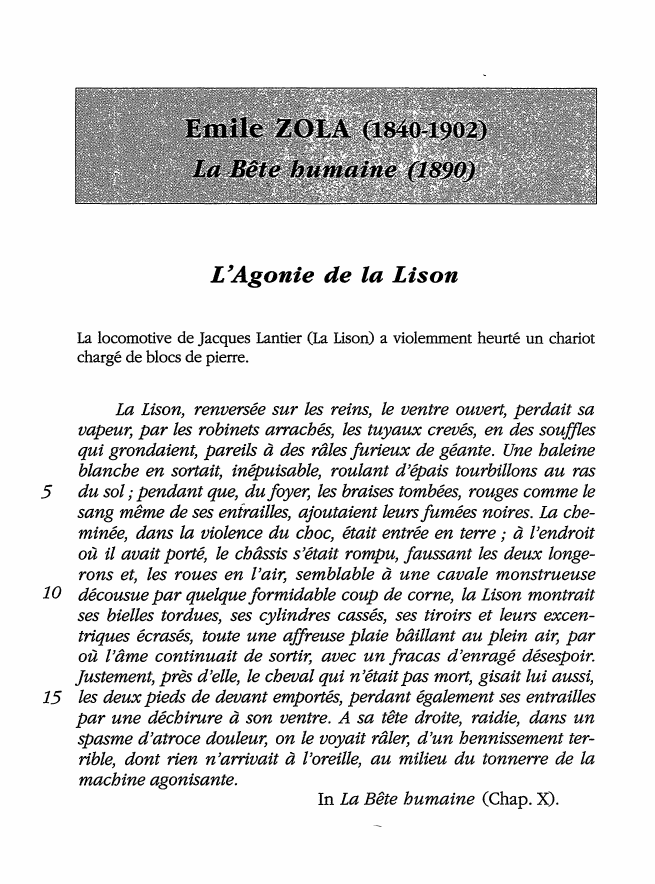 Prévisualisation du document L 'Agonie de la Lison
La locomotive de Jacques Lantier (La Lison) a violemment heurté un chariot
chargé de blocs...