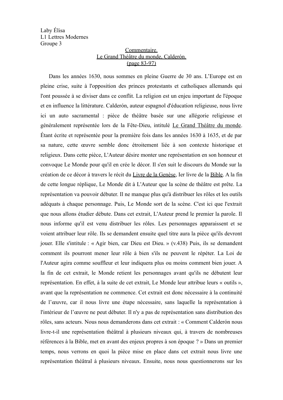 Prévisualisation du document L1 Lettres Modernes Groupe 3  Commentaire. Le Grand Théâtre du monde, Calderón. (page 83-97)