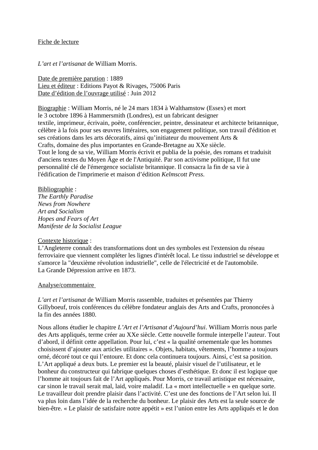 Prévisualisation du document L&#8217;art et l&#8217;artisanat de William Morris.
