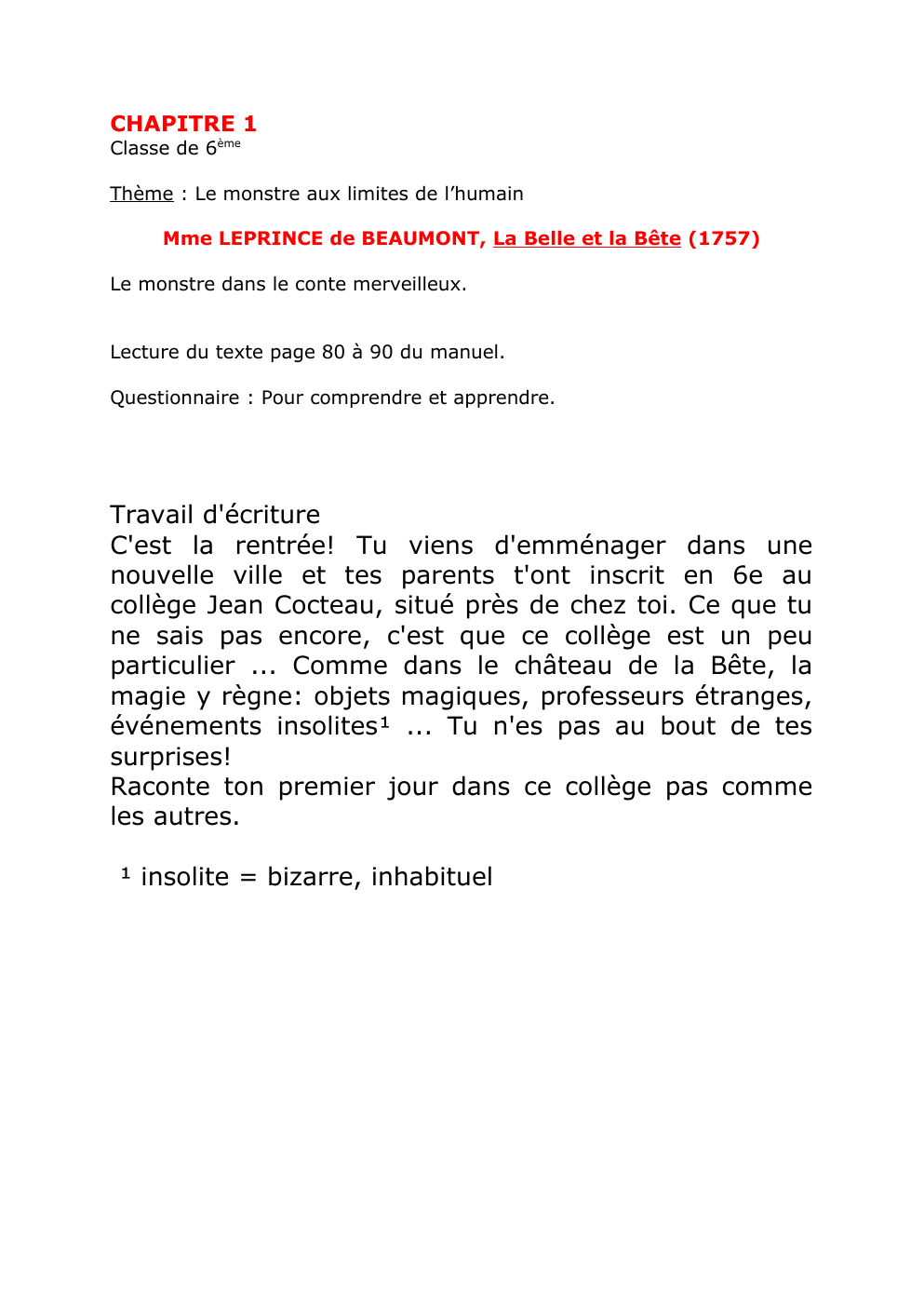 Prévisualisation du document La Belle et la Bête en 6ème