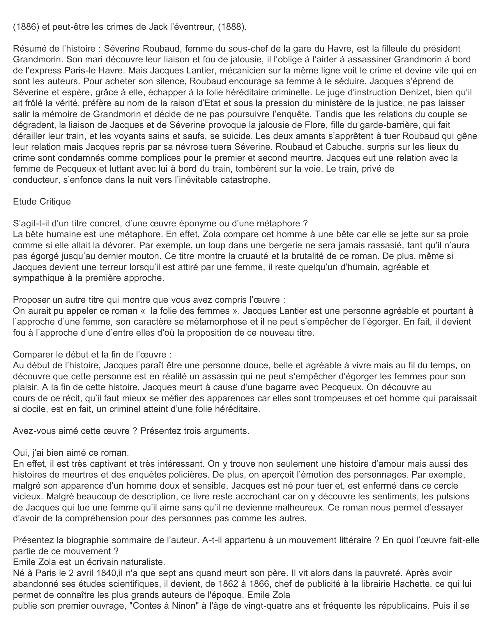 Prévisualisation du document LA BETE HUMAINE    Auteur : Emile Zola Edition : Classique Pocket